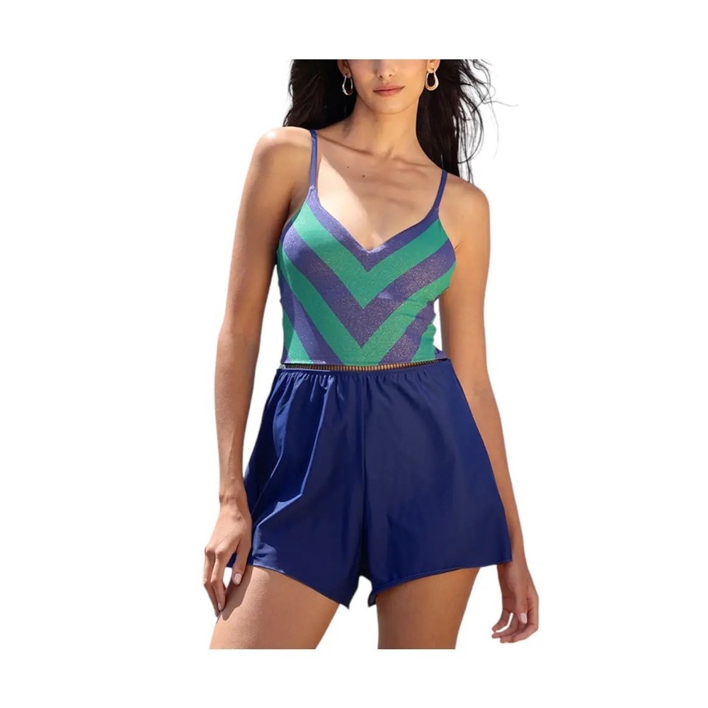 Biliblond Arava Overall One Piece Swimsuit Romper Metallic Chevron Navy Green M